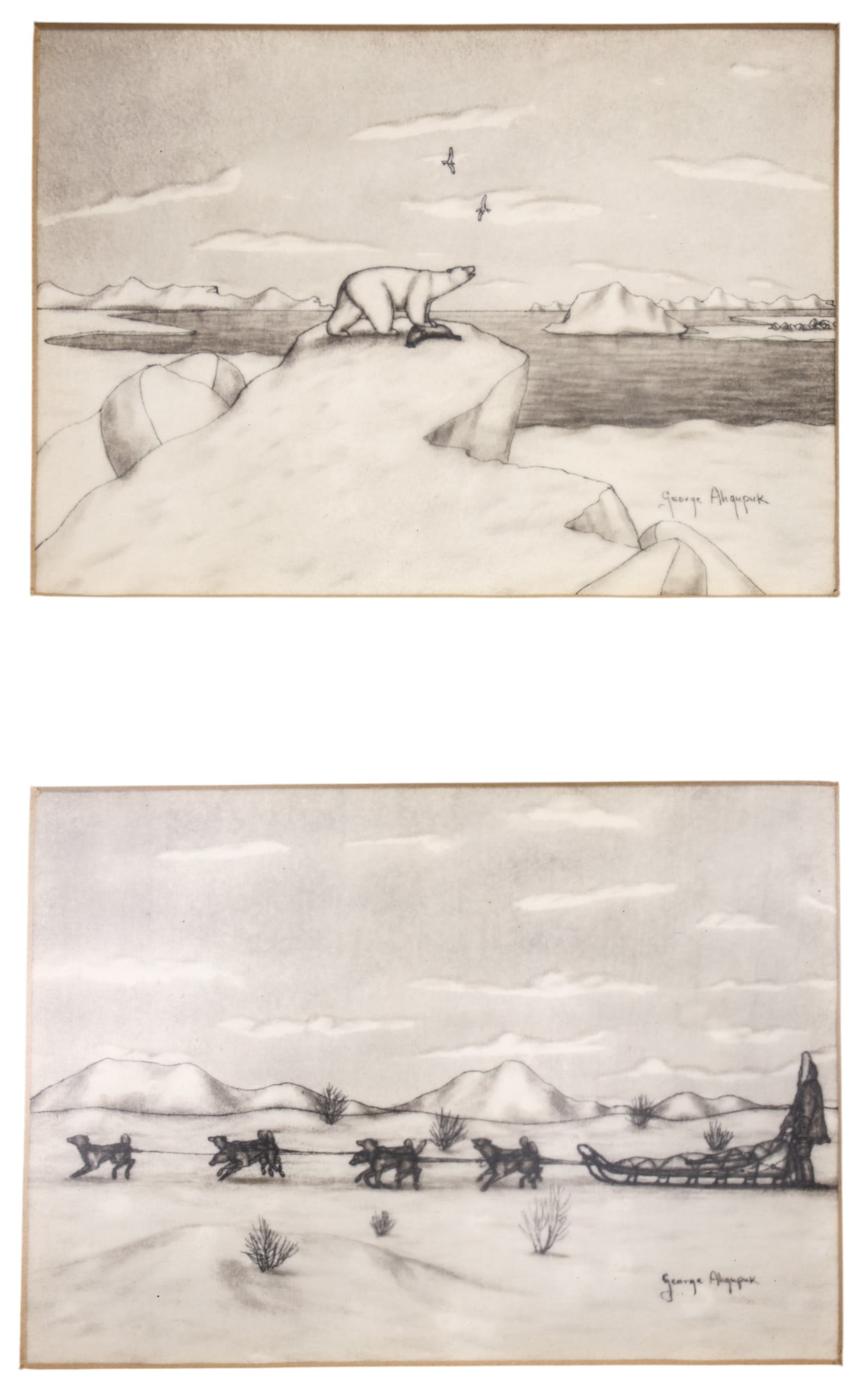 Pair George Ahgupuk Eskimo Diptych Ink Drawings Framed - 3