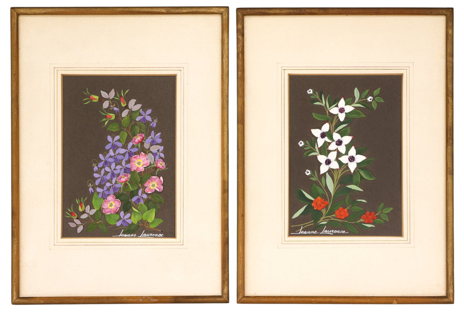 Pair Jeanne Laurence "Wildflowers" Gouache on Paper Framed: Pair Jeanne Laurence (1887-1980 Alaska) "Wildflowers" Gouache on Paper Framed 14.5"x10.5". Signed lower edge with a sight size of 8"x5.5" each. Overall excellent condition.