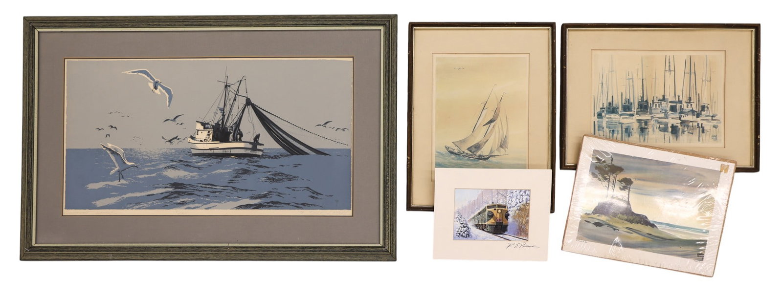 5pc Vintage Alaska and Northwest Art Prints: 5pc Vintage Alaska and Northwest Art Prints 22"x34" Largest. Includes a Rudy Ripley "Southeast Seiner" 1978 signed and numbered serigraph, three Charles Mulvey landscape prints, and a R.E. Pierce