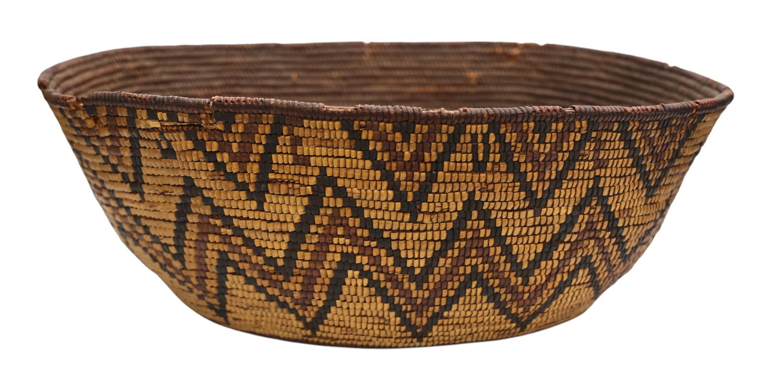Antique Nisqually Large Indian Basket: Antique Nisqually Large Indian Basket 7"x19". Polychrome imbricated zig-zag design with the letters "N U P H" near upper rim on one side. Scattered edge loss and old repairs, though it displays well. 