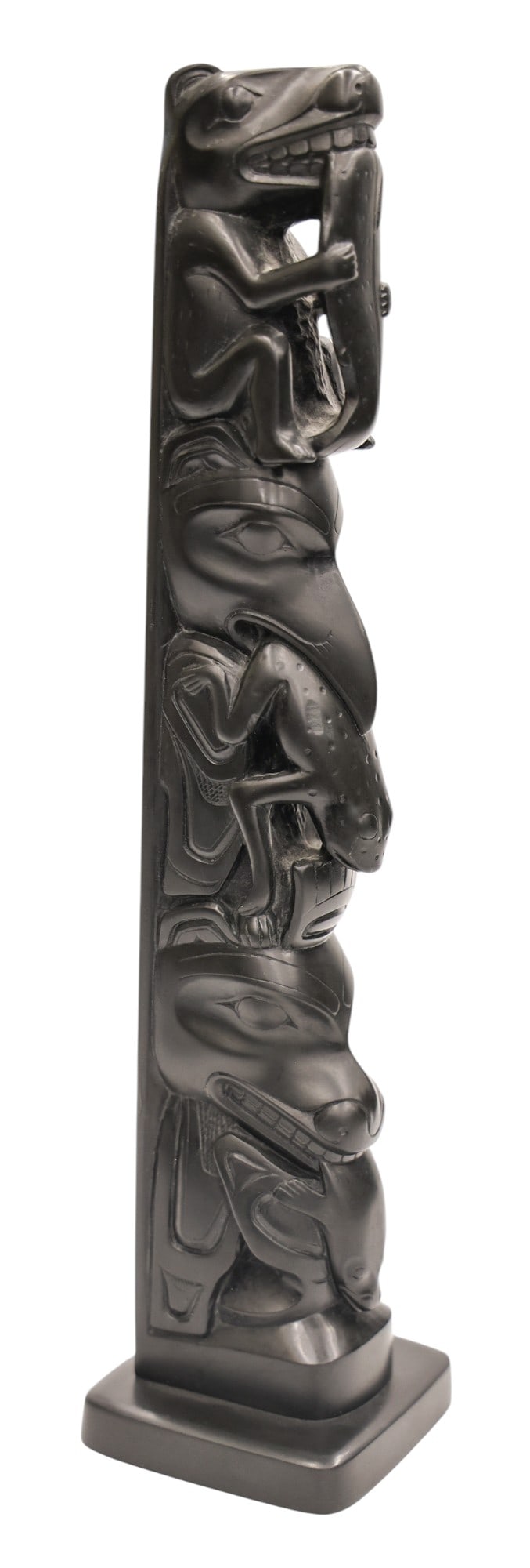 Old Haida Argillite Carved Totem Pole Model: Old Haida Argillite Carved Totem Pole Model 11.25"x2.5". Unusual totem with bear eating salmon, raven with frog, and killer whale with seal. Signed on bottom "99 H.S. Argillite Made in B.C." with