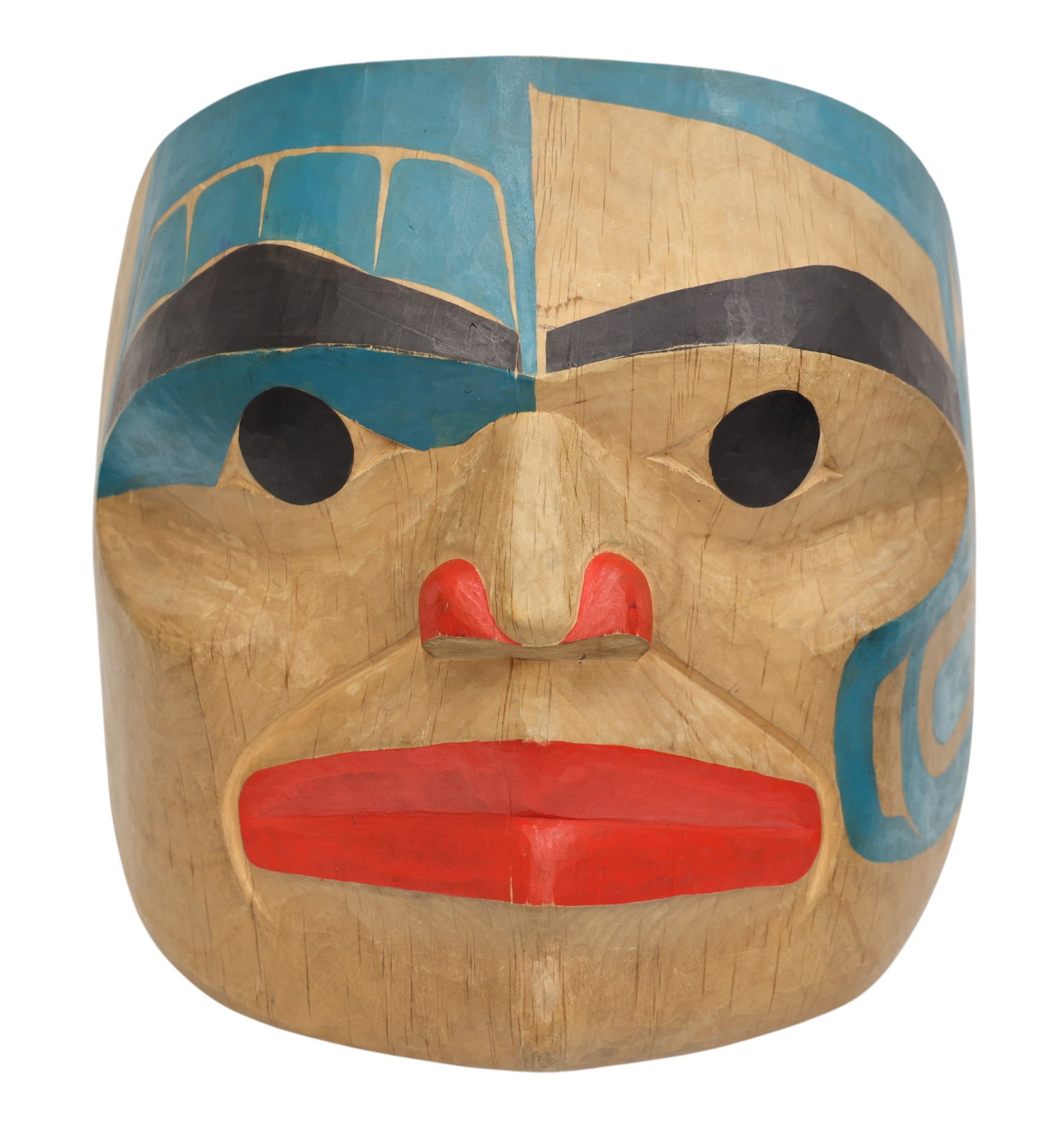 Northwest Coast Painted Cedar Male Portrait Mask: Northwest Coast Painted Cedar Male Portrait Mask 11"x11.5". Polychrome painted formline motifs. Unsigned with partial Seattle Art Museum label on verso. Some scattered light surface wear.