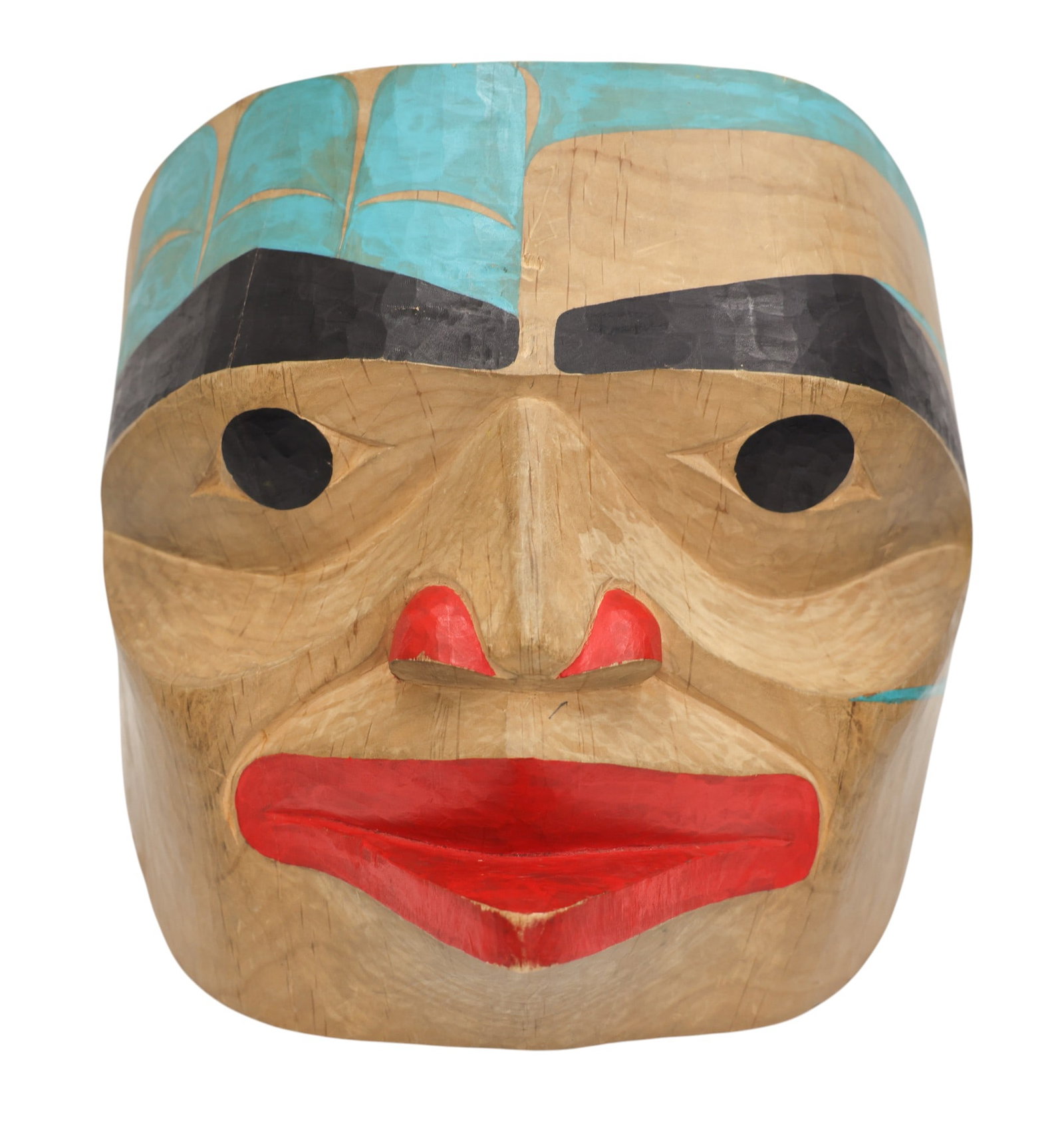 Northwest Coast Painted Cedar Female Portrait Mask: Northwest Coast Painted Cedar Female Portrait Mask 10.5"x11". Polychrome painted formline motifs. Unsigned with partial Seattle Art Museum label on verso. Some scattered light surface wear.