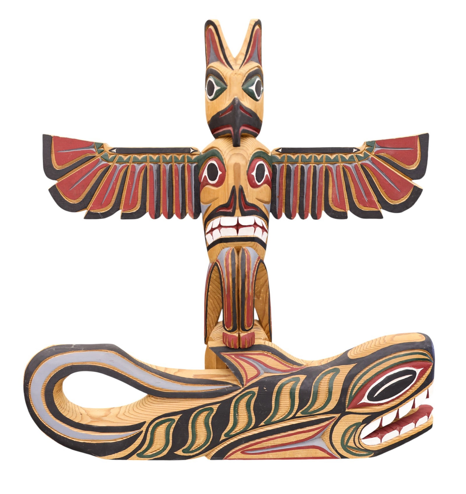 Larry Rudick Thunderbird and Whale Cedar Totem Model: Larry Rudick (b.1951 Alaska) Thunderbird and Whale Cedar Totem Model 21"x21". Polychrome painted formline motifs. Signed on verso. Overall excellent condition.