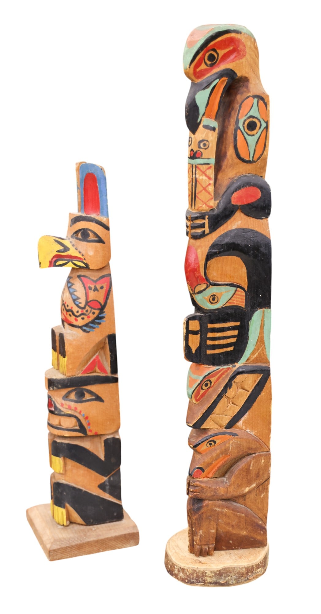 2pc Old Northwest Coast Style Cedar Totem Models: 2pc Old Northwest Coast Style Cedar Totem Models 13" to 17". Polychrome painted and carved. One is missing its wings. Unsigned. Some scattered surface wear from age.