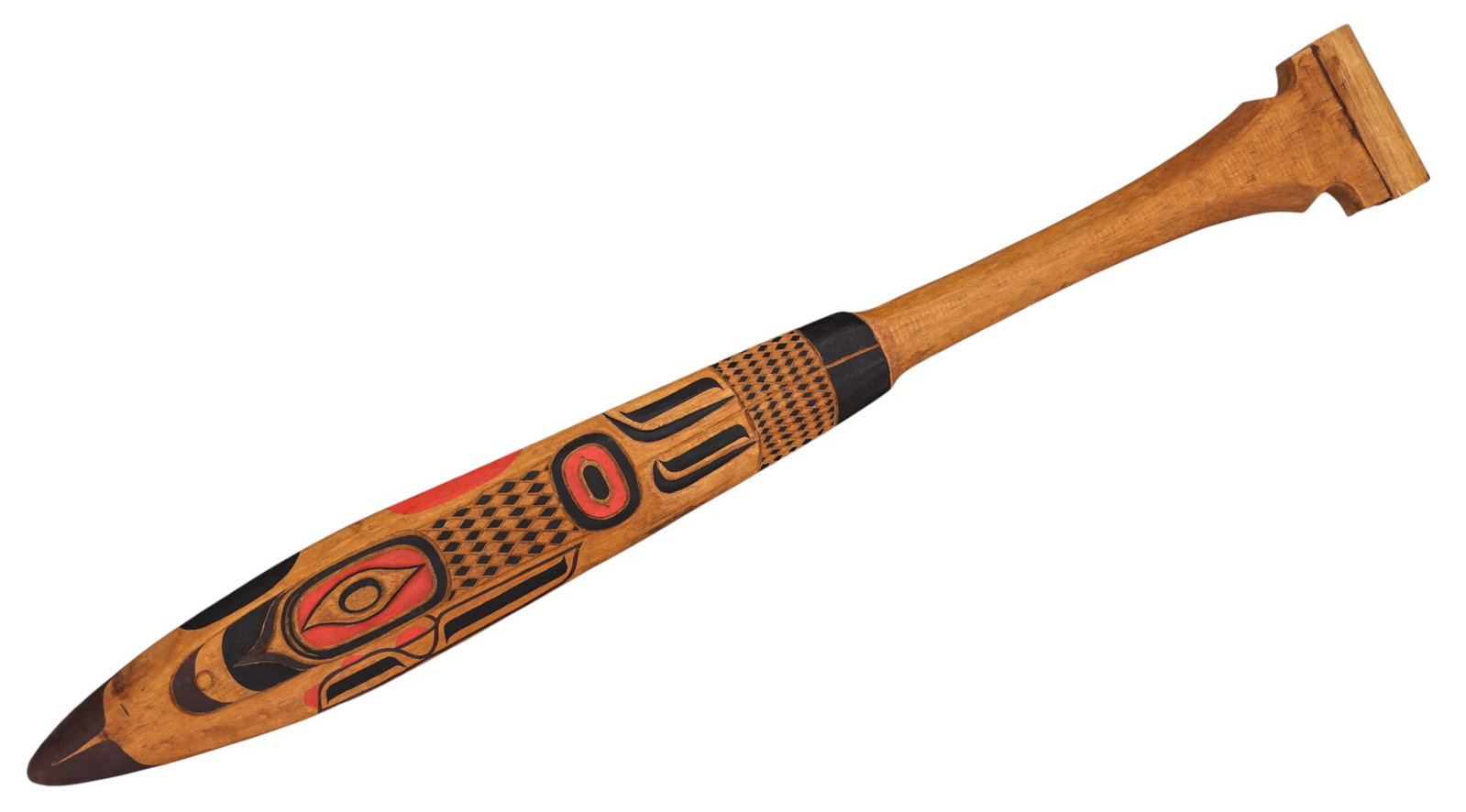 Old Northwest Coast Style Carved Wood Paddle: Old Northwest Coast Style Carved Wood Paddle 43"x5.5". Polychrome painted with u-form motifs. Unsigned. Overall excellent condition.