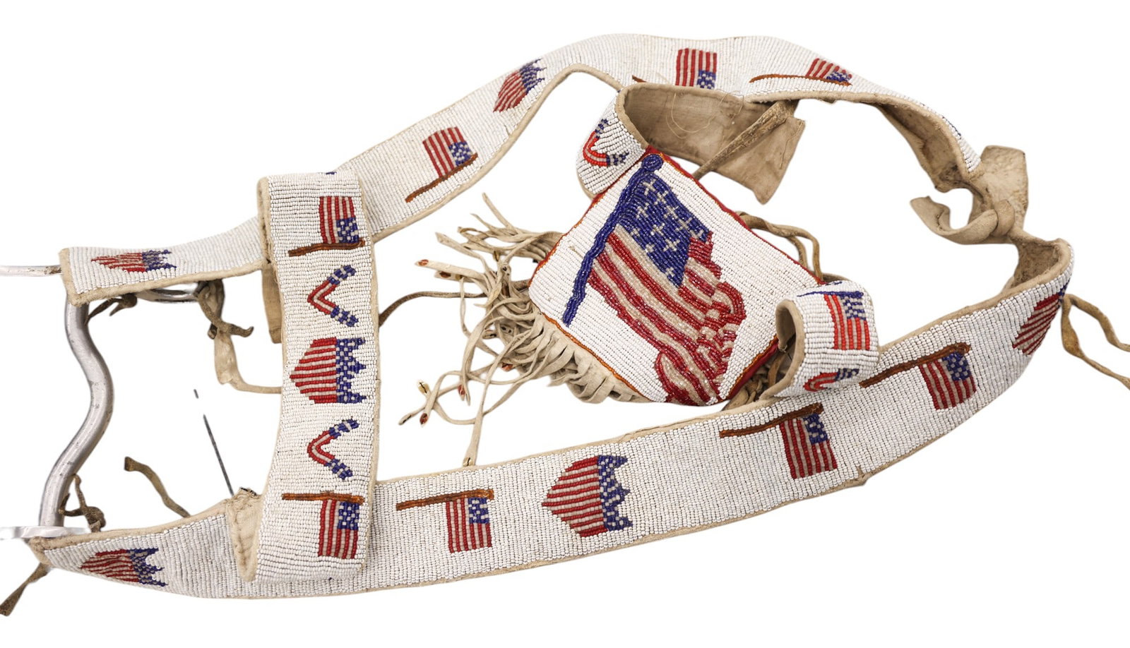 Old Plains Indian American Flag Beaded Horse Headstall Bridle - 2