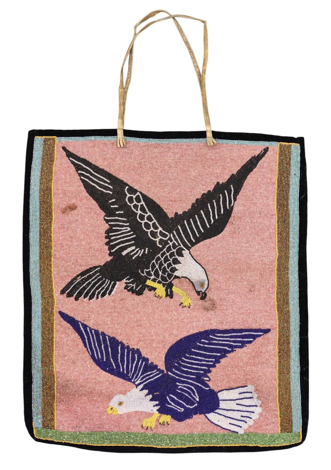 Old Plateau Native Beaded Eagle Large Bag: Old Plateau Native Beaded Eagle Large Bag 19"x17". Polychrome beaded with black felt back and leather handles. Some light wear from age.