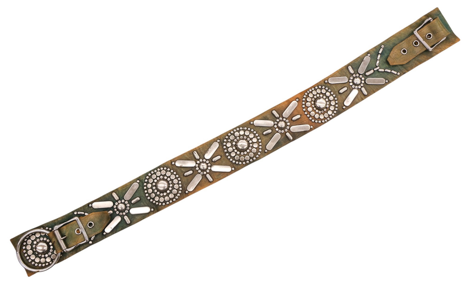Vintage Western Studded Leather Bridle Piece or Belt: Vintage Western Studded Leather Bridle Piece or Belt 28"x2.5". Metal studs with ornate X and medallion motifs on green leather. Scattered surface wear from age. Early to mid 20th century.