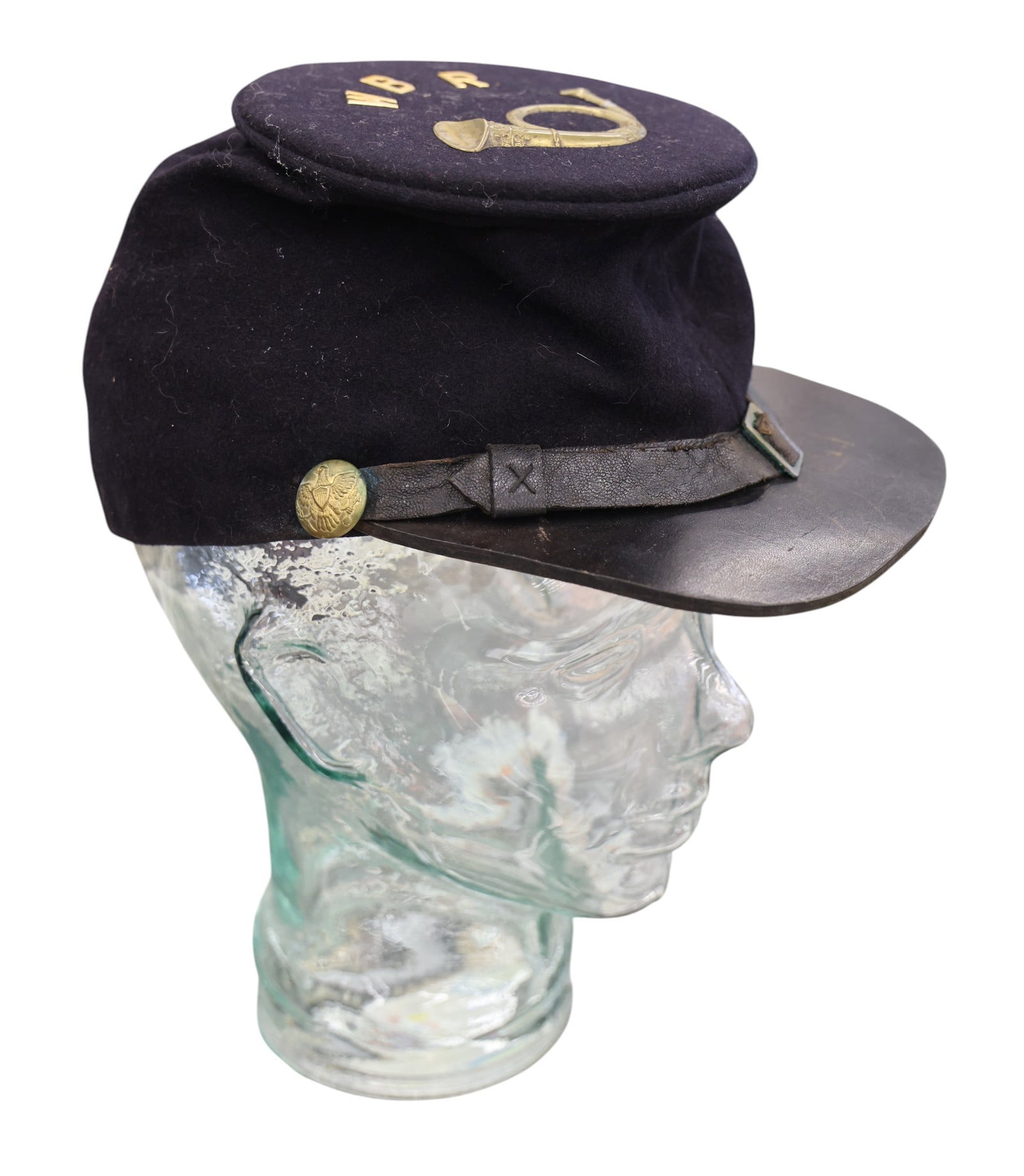 US Indian Wars or Civil War Era Bugler Kepi Cap: US Indian Wars or Civil War Era Bugler Kepi Cap 6"x10". Replaced metal "WBR" on top. Overall good condition for its age.