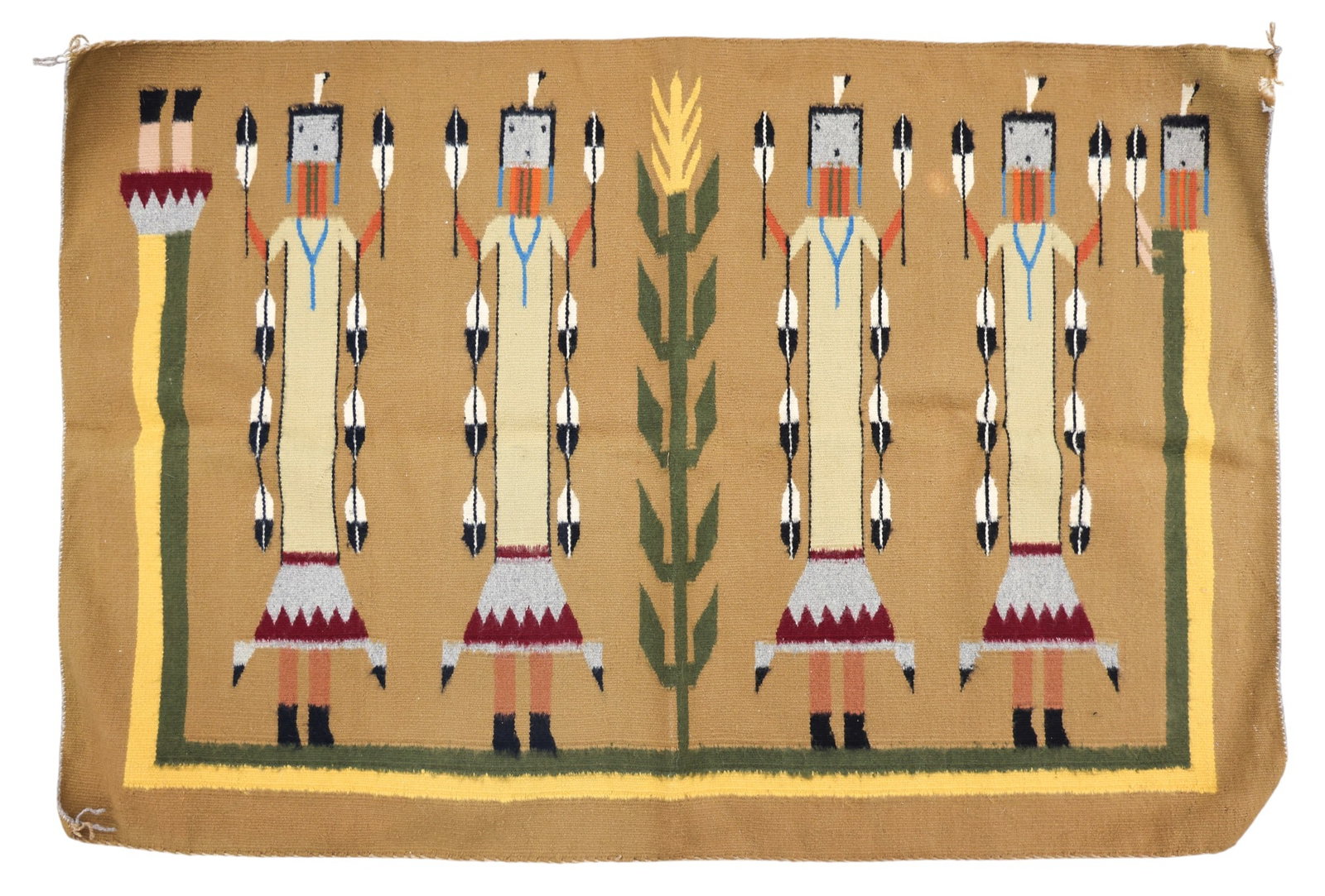 Vintage Navajo Yeh Corn People Wool Rug: Vintage Navajo Yeh Corn People Wool Rug 2'10"x4'3". Sand figures with corn stalk motif. Small area of loss upper right edge. Overall good condition.