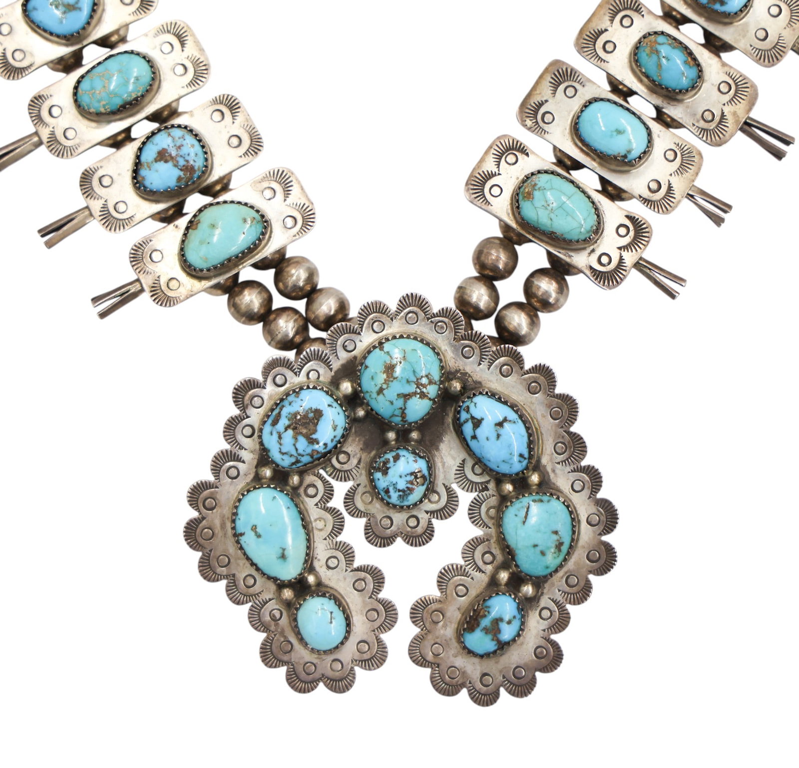 Old Navajo Sterling and Turquoise Squash Blossom Necklace - 2