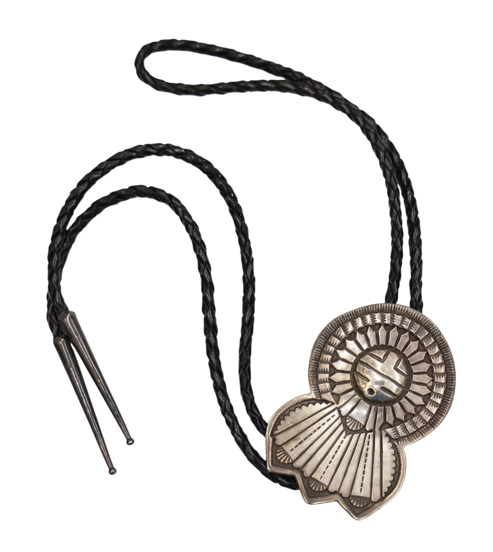 Old Darin Bill Navajo Sterling Sun Bolo Tie: Old Darin Bill Navajo Sterling Sun Bolo Tie 38". It has a 3" figural sun bolo. Signed on verso. It weighs 67 grams total. Excellent condition.