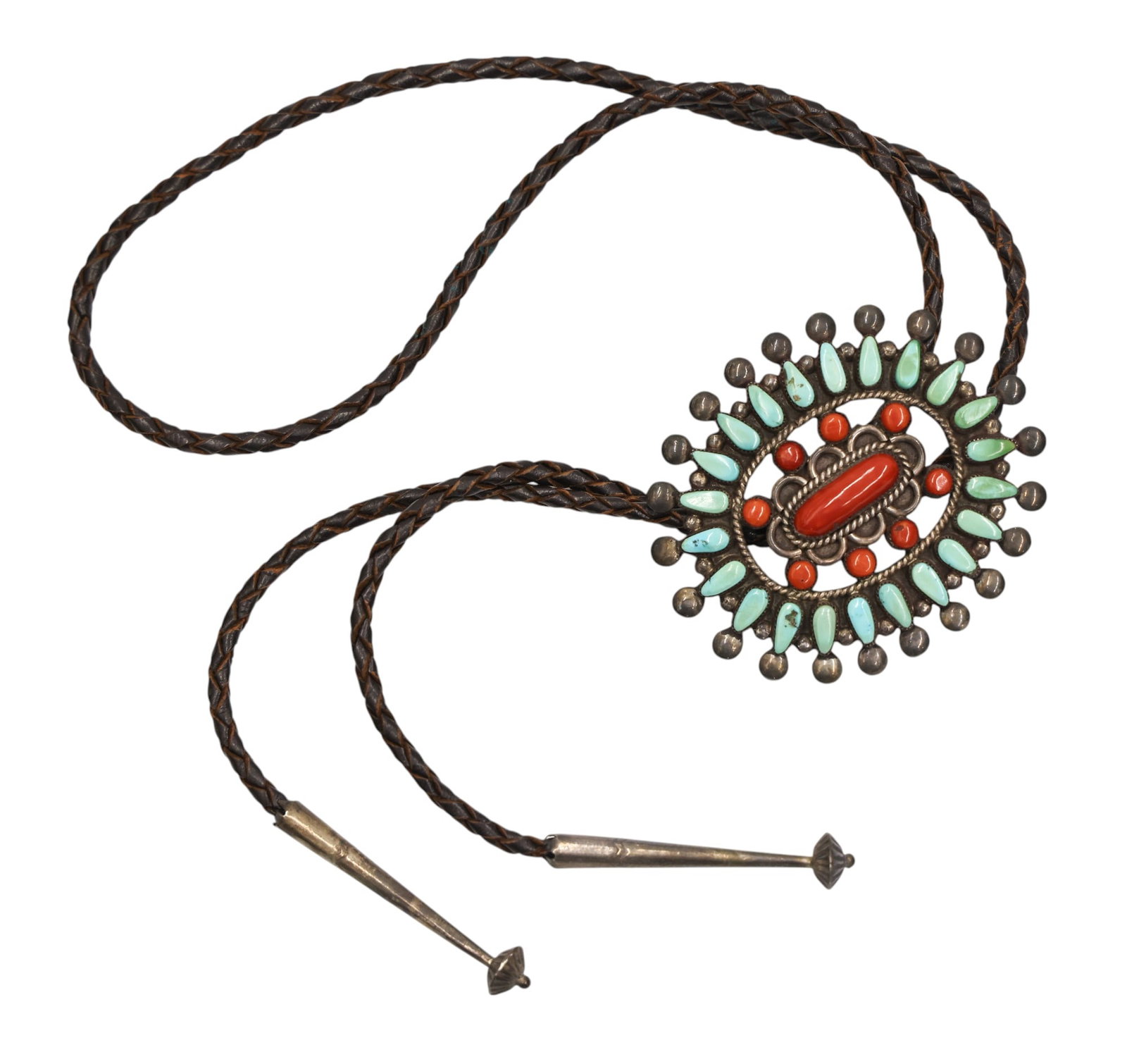 Old Bill and Lou Zuni Sterling Turquoise & Coral Bolo Tie: Old Bill and Lou Zuni Sterling Turquoise & Coral Bolo Tie 38". It has a 3" slide bolo set with turquoise and red coral cabochons measuring 5-22mm. Signed on verso. It weighs 61 grams total. Overall