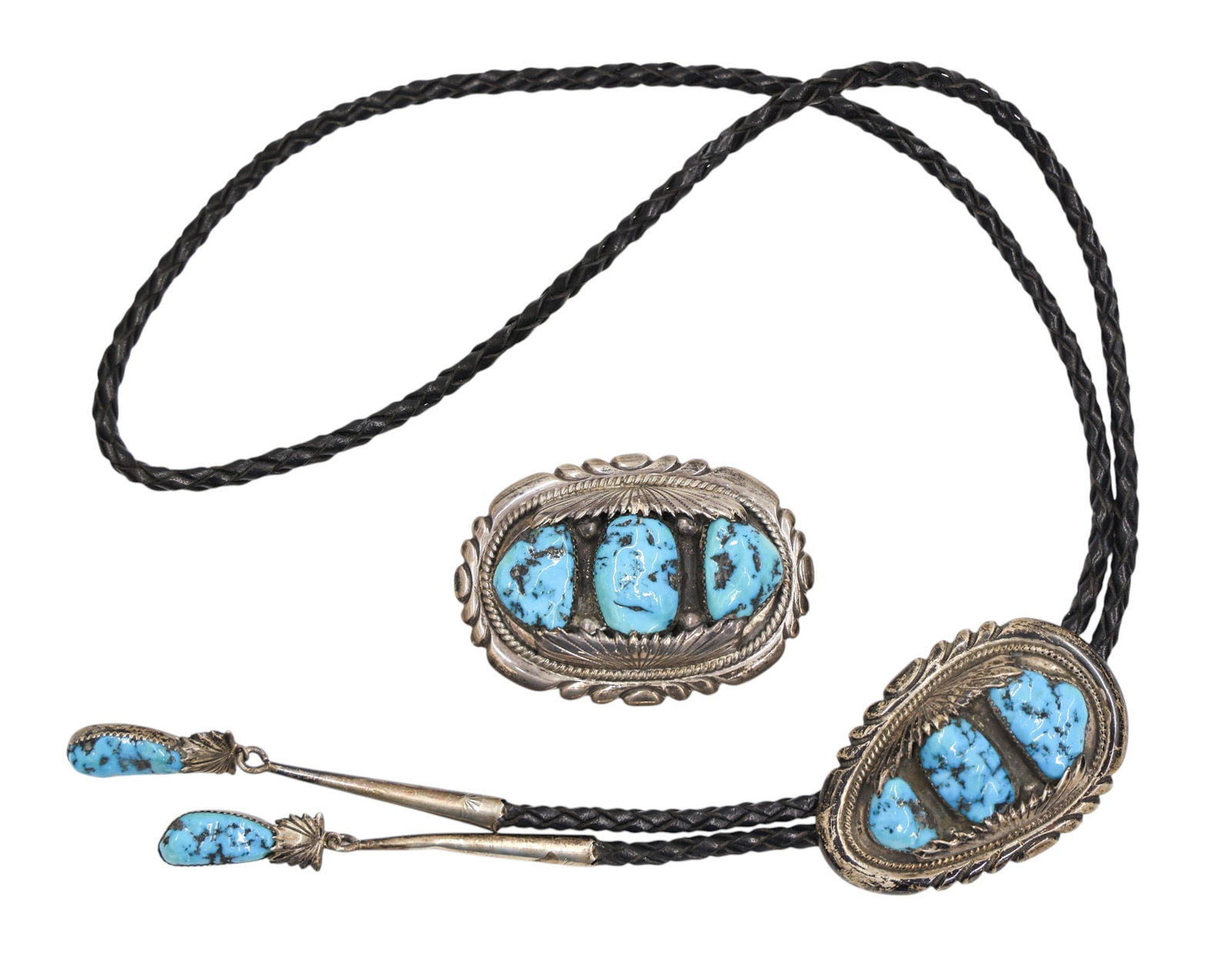 2pc Leonard Begay Navajo Sterling Turquoise Bolo Tie and Buckle (1 of 1)