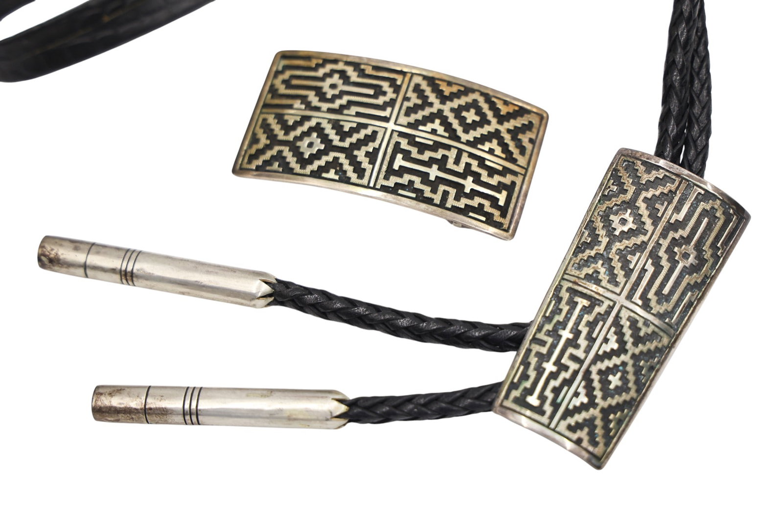2pc Dan Jackson Navajo Sterling Rug Design Bolo Tie and Buckle Set - 2