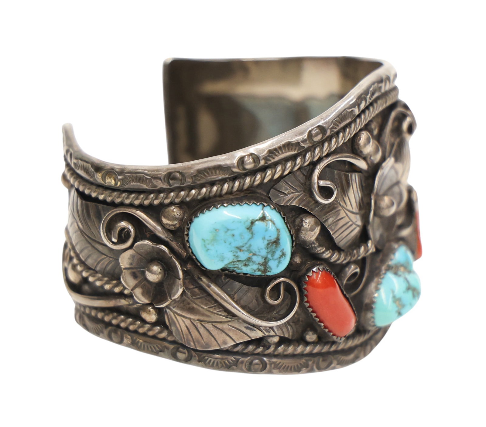 Old Navajo Sterling Turquoise and Red Coral Cuff Bracelet - 2