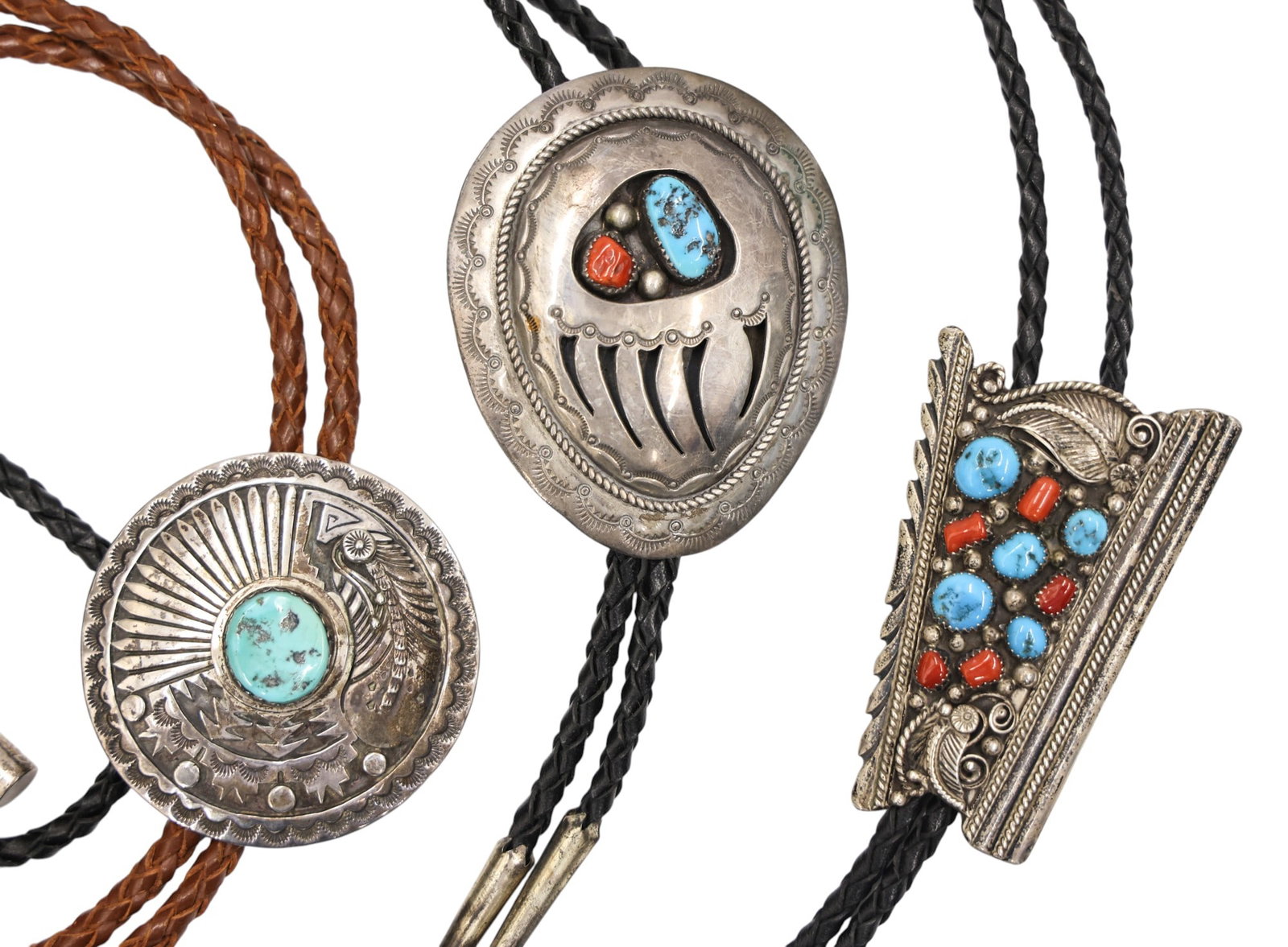 3pc Signed Navajo Sterling and Turquoise Bolo Ties - 2