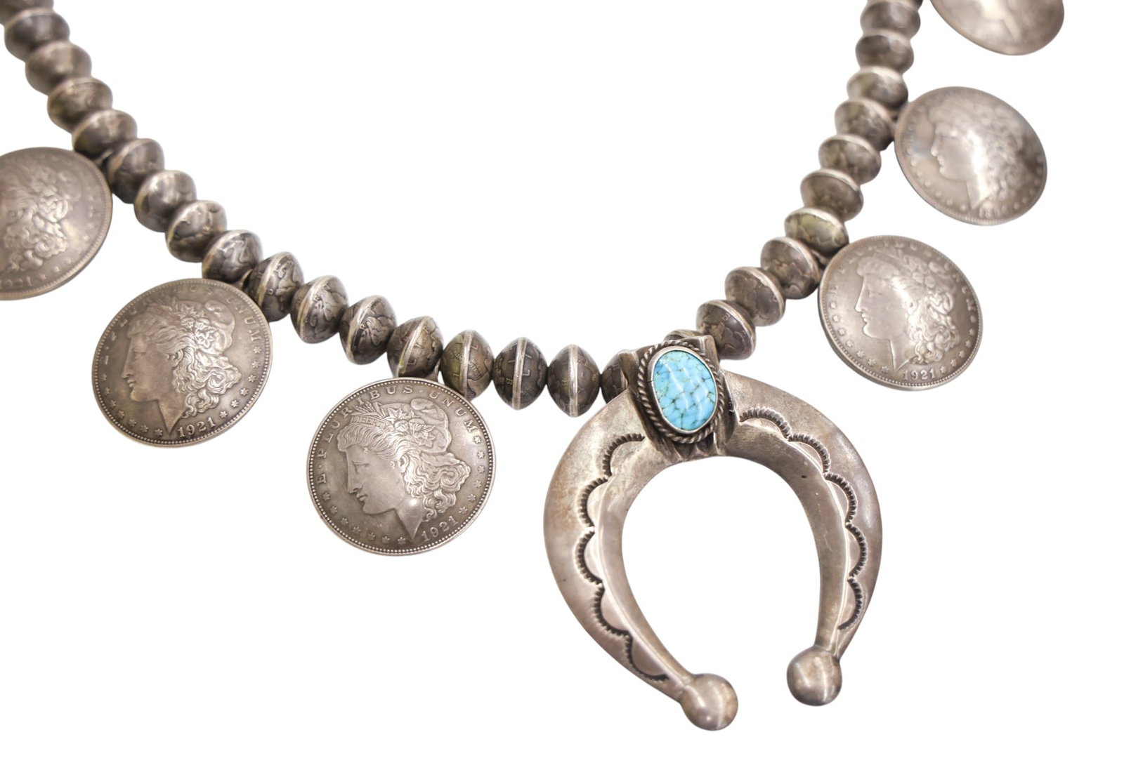 Navajo Old Pawn Silver Squash Blossom Necklace with Morgan Dollars - 2