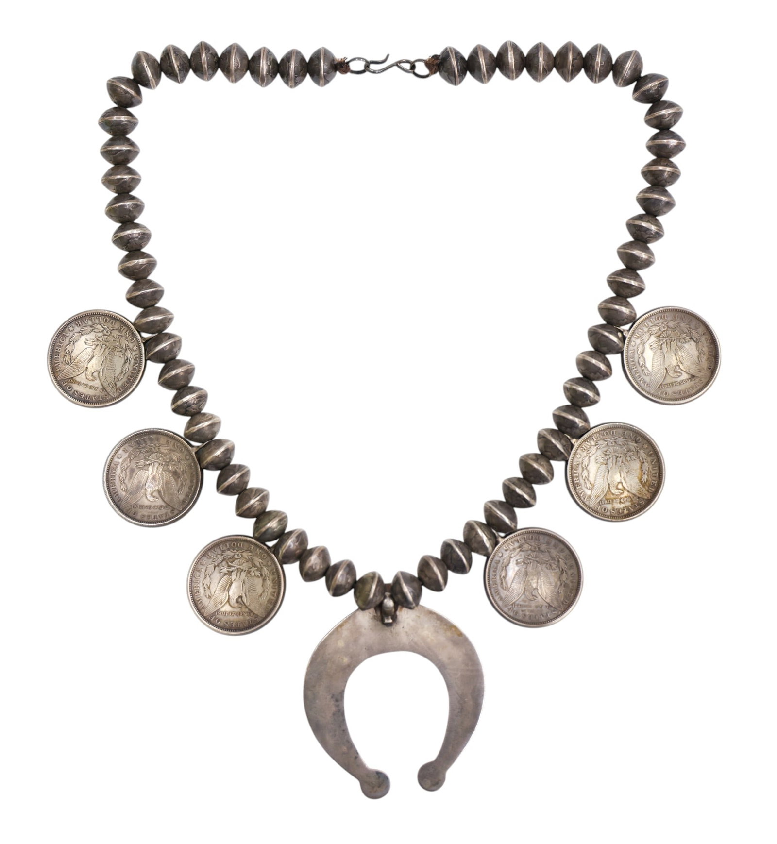 Navajo Old Pawn Silver Squash Blossom Necklace with Morgan Dollars - 3