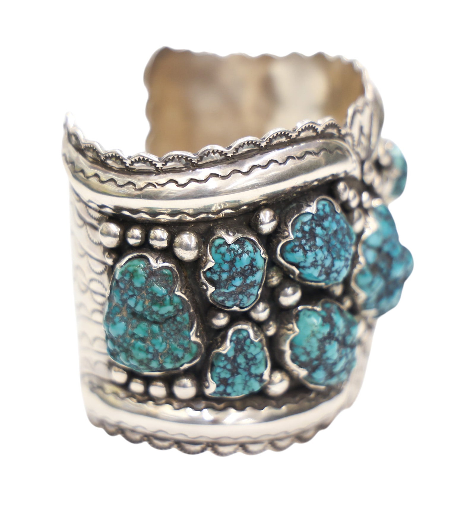 Impressive Navajo Silver and Turquoise Large Cuff Bracelet - 2