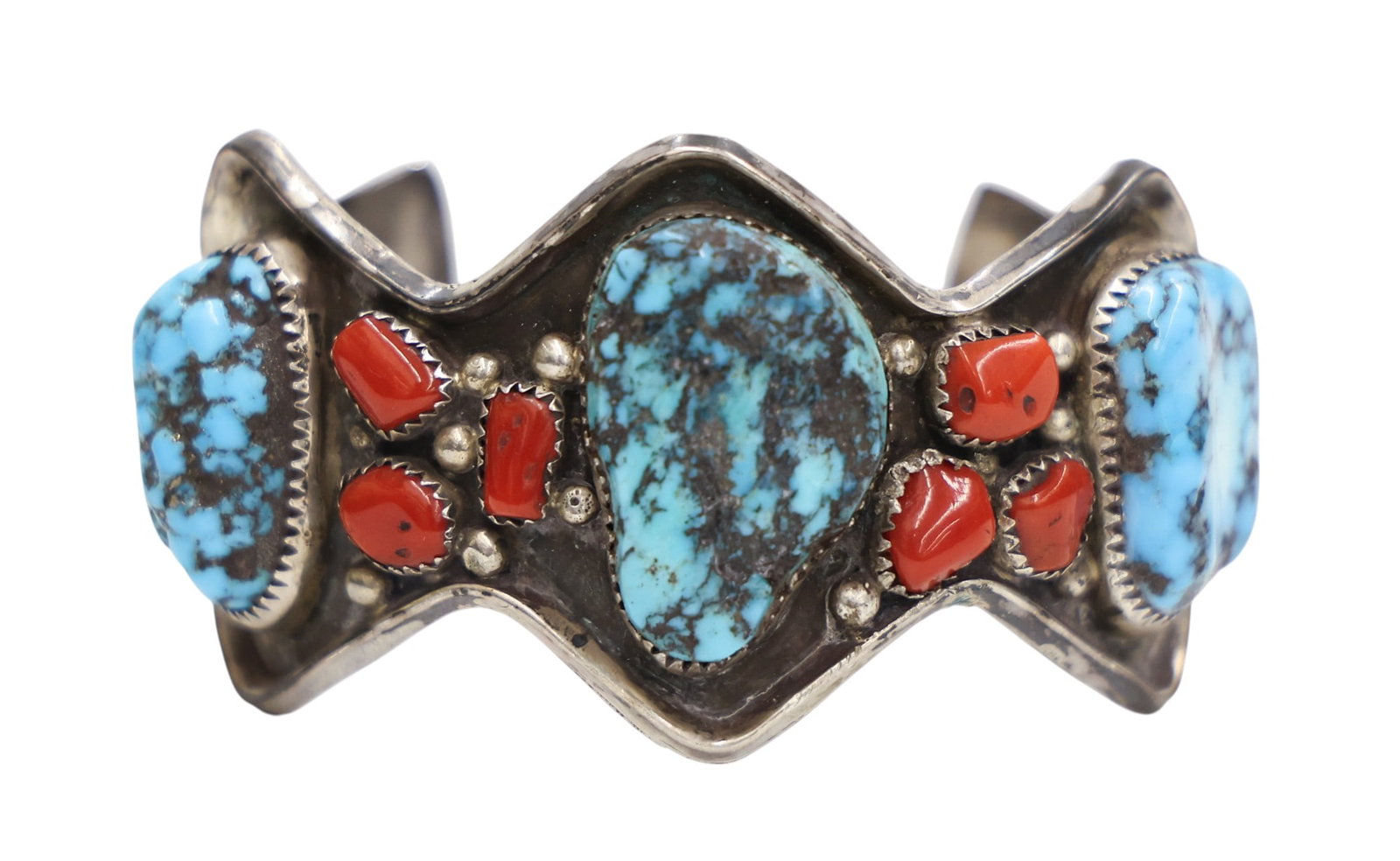 Navajo Sterling Turquoise and Coral Cuff Bracelet (1 of 2)