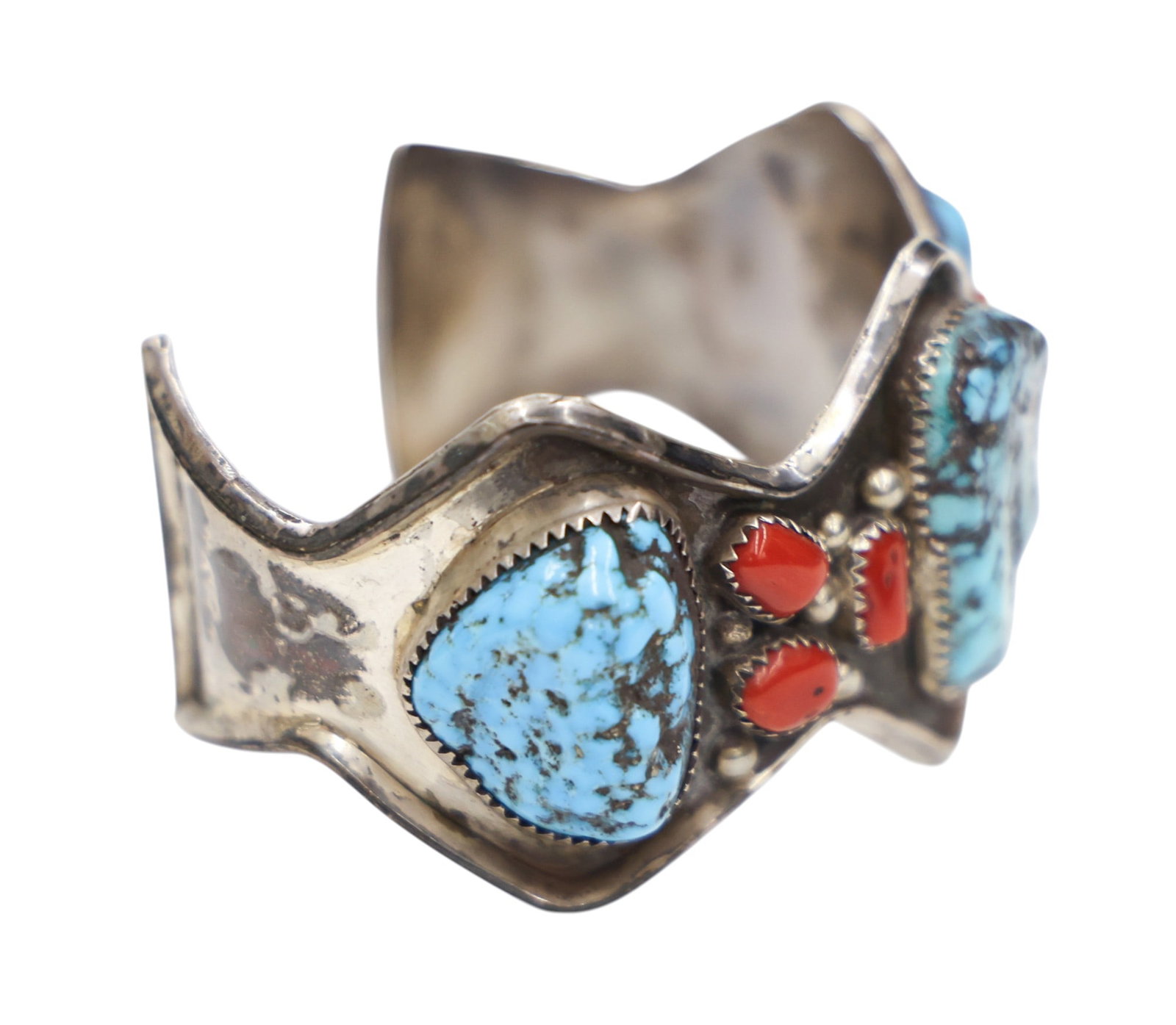 Navajo Sterling Turquoise and Coral Cuff Bracelet - 2