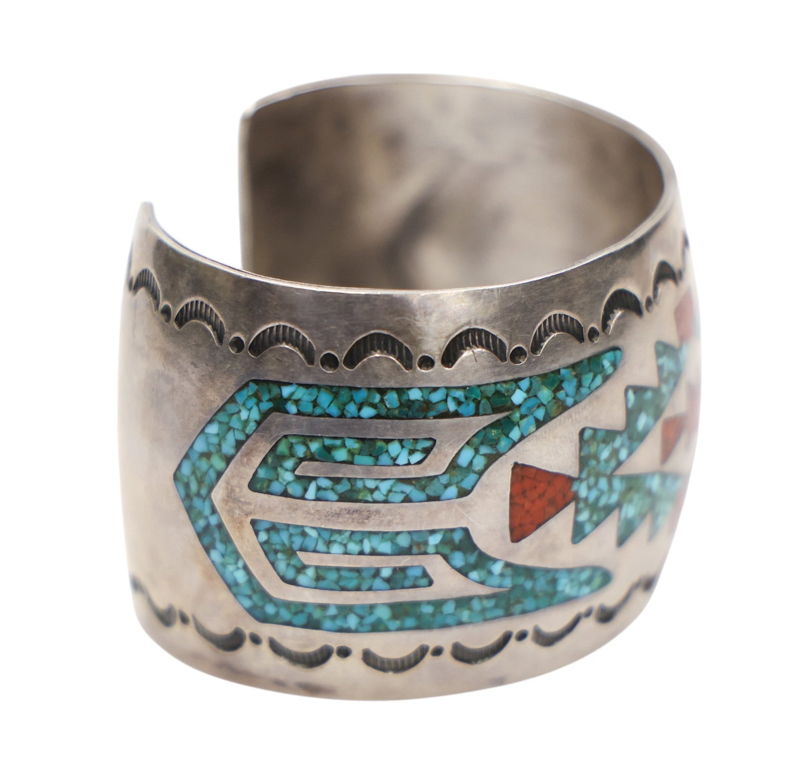 Old Zuni Inlaid Silver Turquoise and Coral Cuff Bracelet - 2