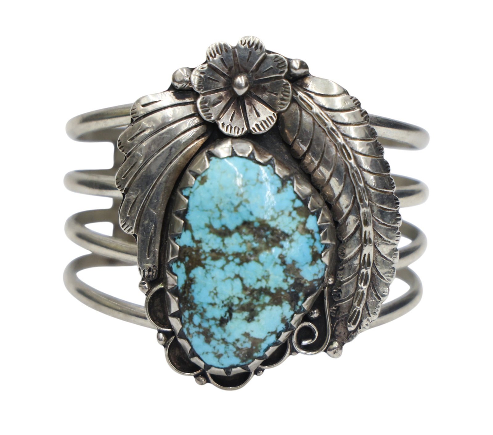 Old Navajo Silver Turquoise and Flower Cuff Bracelet (1 of 2)