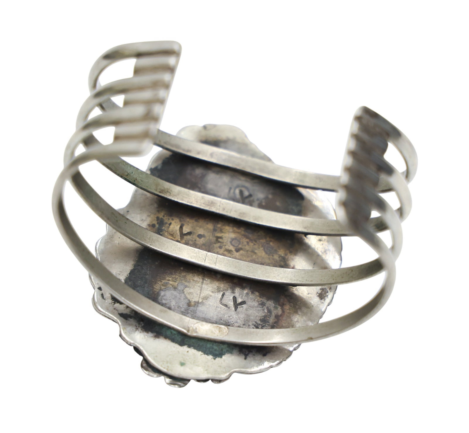 Old Navajo Silver Turquoise and Flower Cuff Bracelet - 2