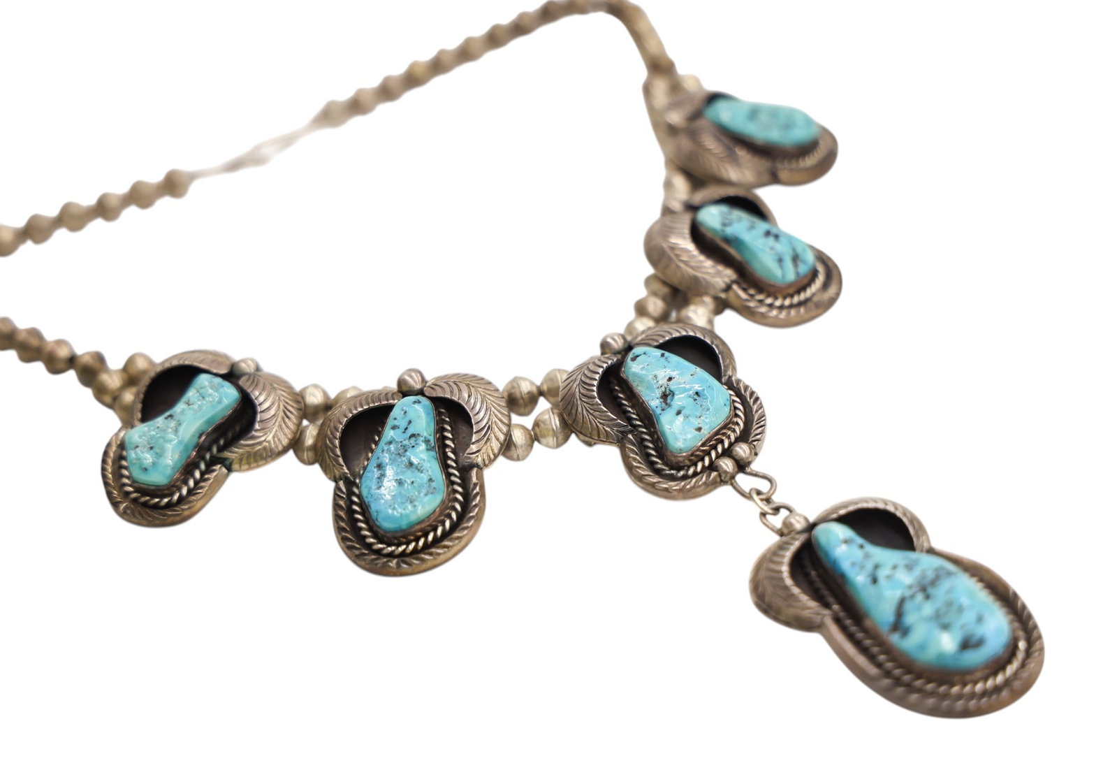 Old Navajo Sterling and Turquoise Squash Blossom Necklace - 2