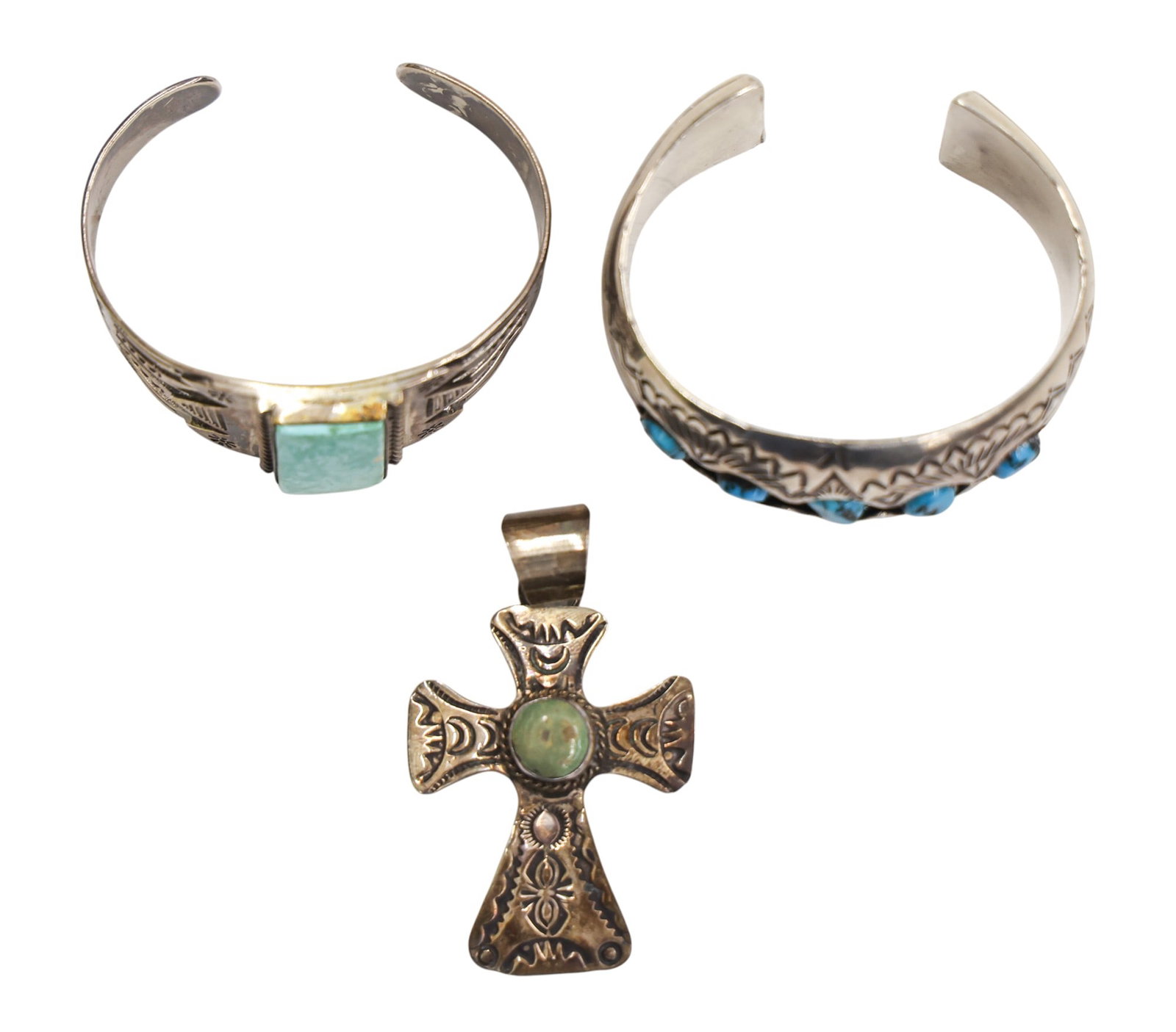 3pc Navajo Sterling Turquoise Cuff Bracelets and Cross - 3