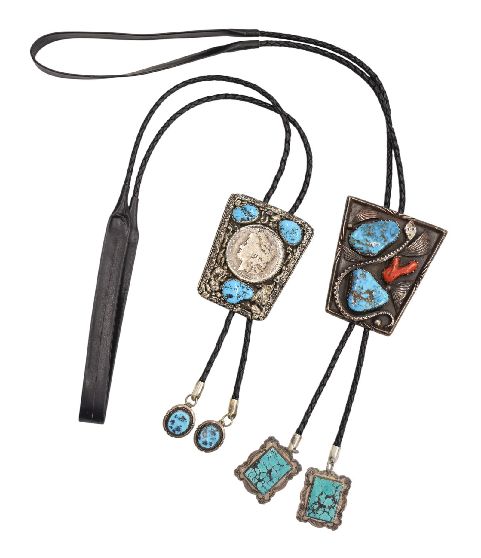 2pc Old Southwest Silver Turquoise and Coral Bolo Ties (1 of 2)