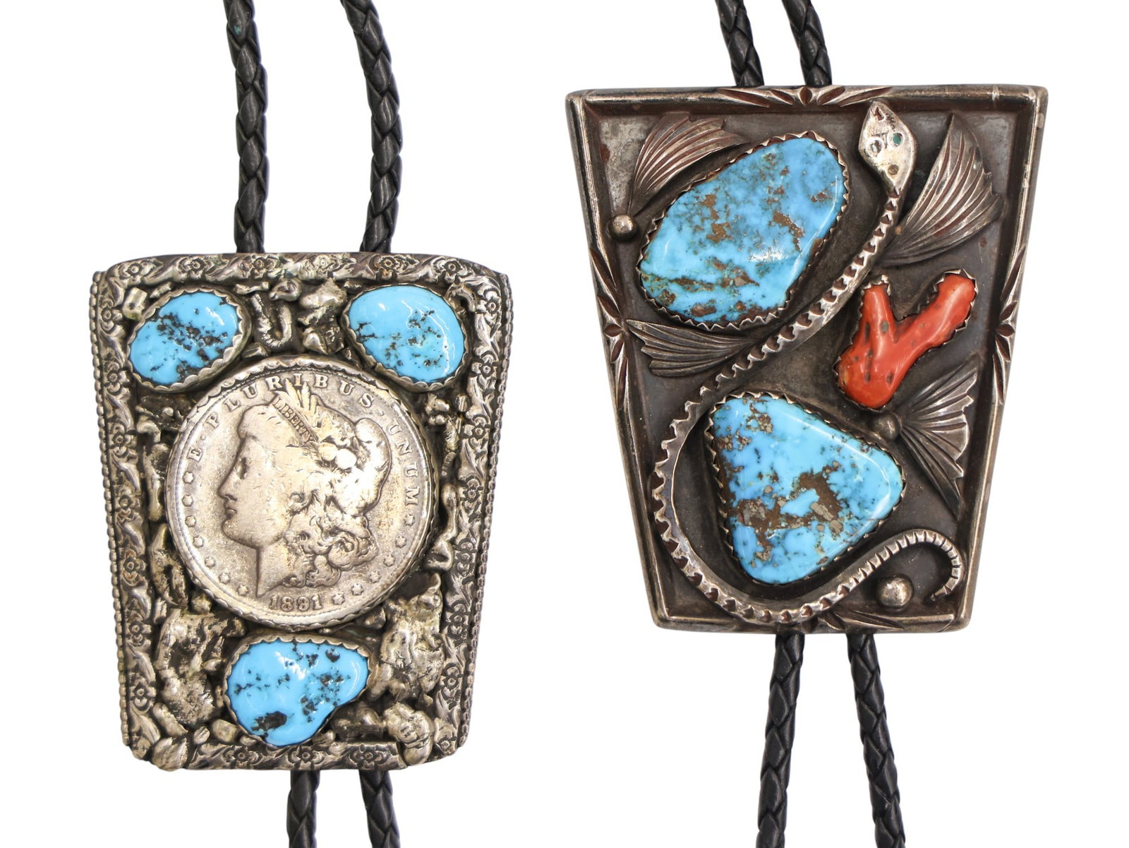 2pc Old Southwest Silver Turquoise and Coral Bolo Ties - 2