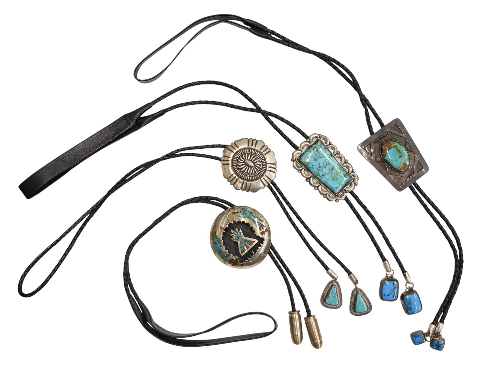 4pc Old Navajo and Zuni Silver Turquoise Bolo Ties: 4pc Old Navajo and Zuni Silver Turquoise Bolo Ties 2.25" to 2.75". One is signed G. Lee, LM, and DB. They weigh 300 grams total. Overall good condition.