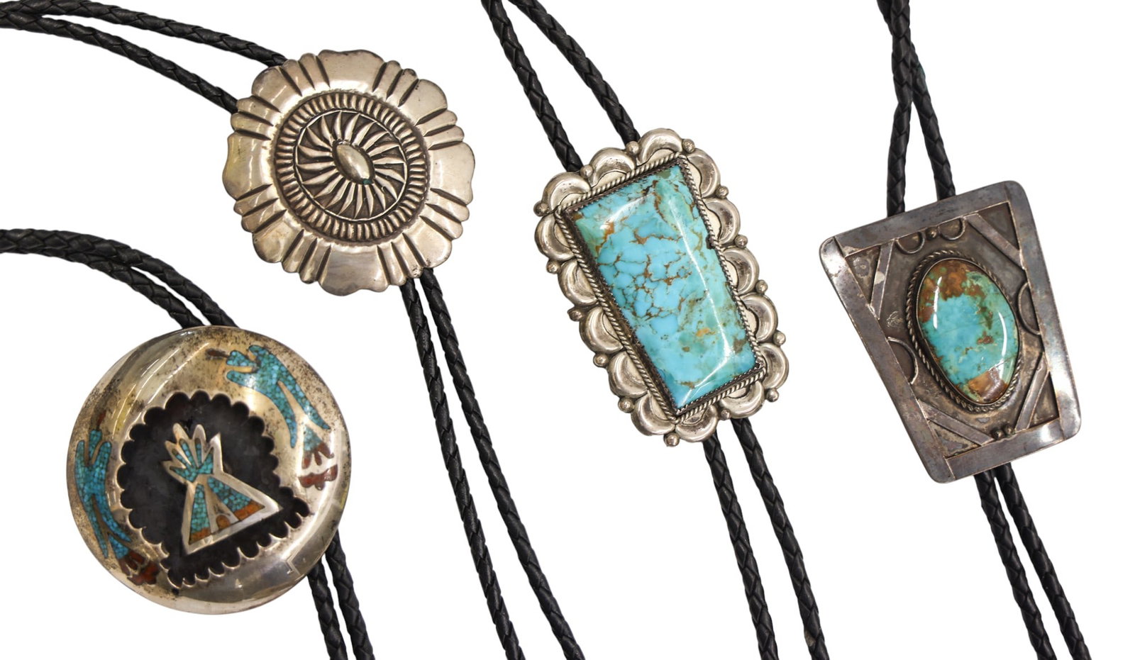 4pc Old Navajo and Zuni Silver Turquoise Bolo Ties - 2