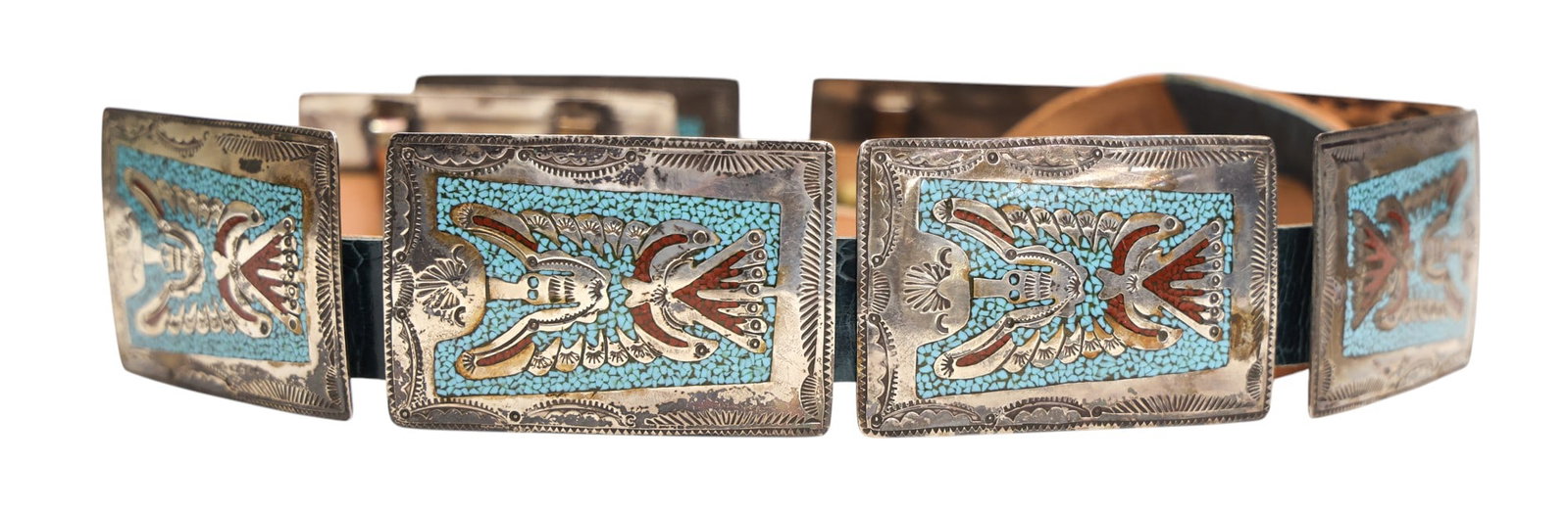 Navajo Sterling Peyote Bird Inlaid Turquoise Concho Belt - 2