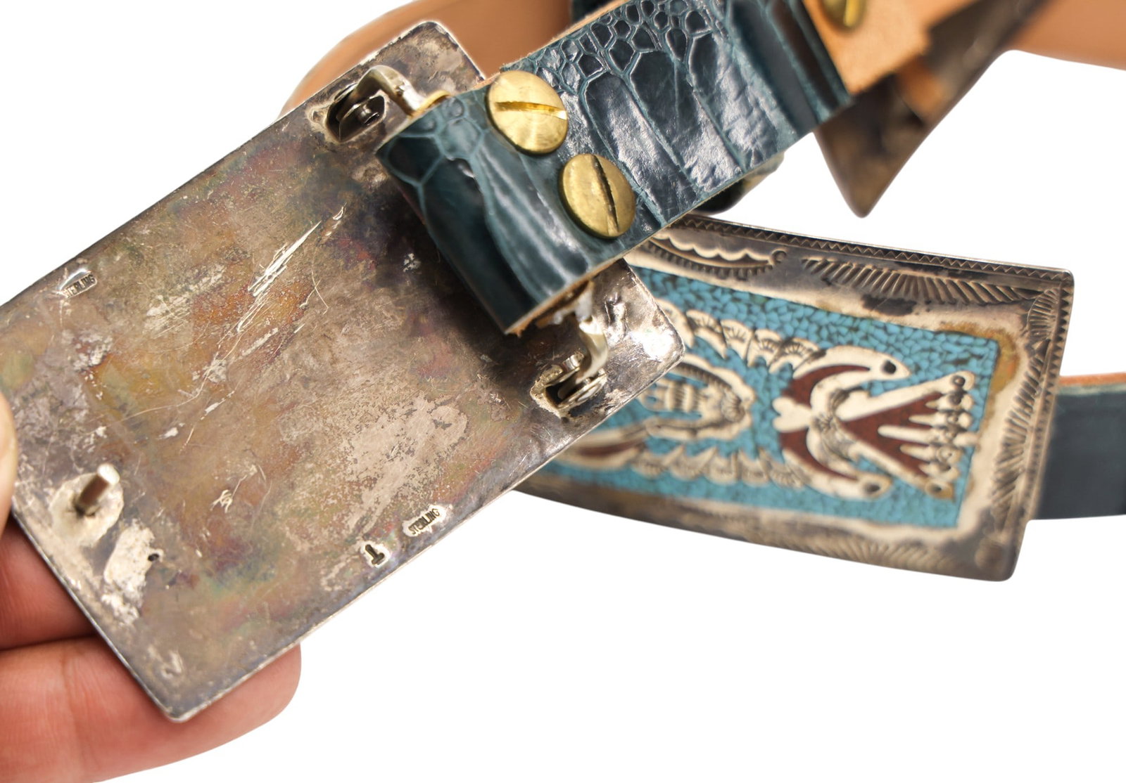 Navajo Sterling Peyote Bird Inlaid Turquoise Concho Belt - 3