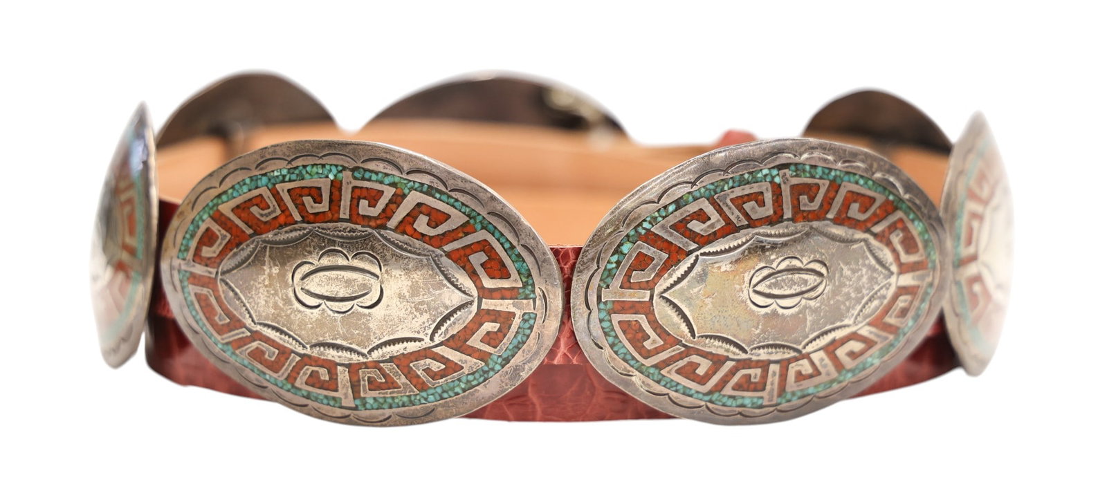 Old Navajo Silver Inlaid Turquoise and Coral Concho Belt - 2