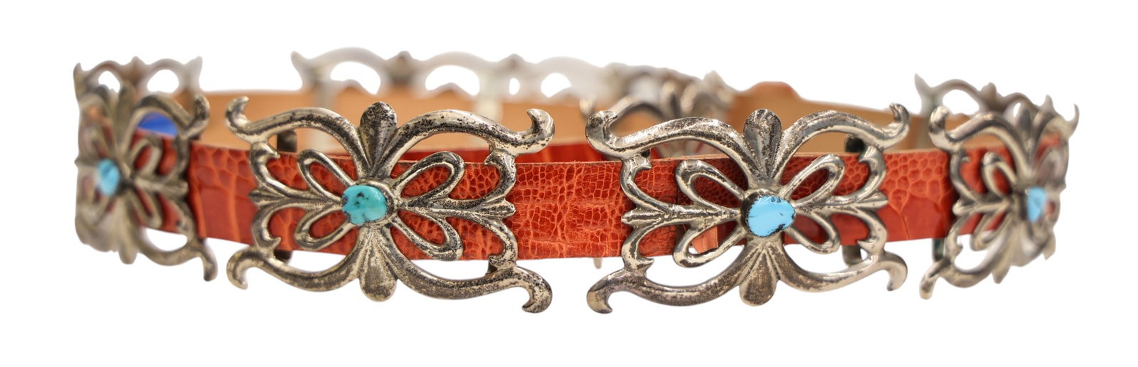 Old Navajo Cast Silver and Turquoise Concho Belt - 2