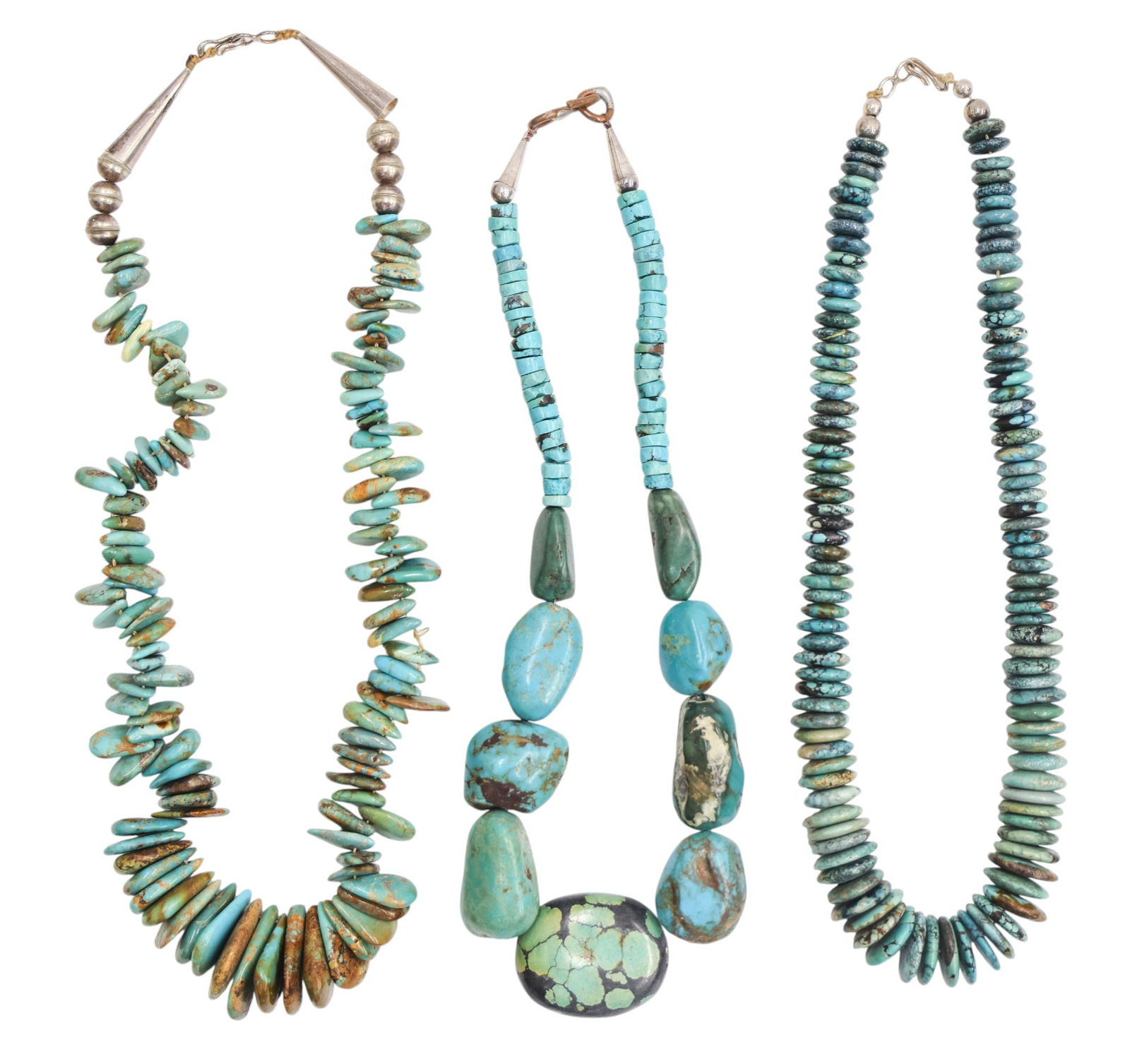 3pc Old Navajo Turquoise Bead Necklaces: 3pc Old Navajo Turquoise Bead Necklaces 16" to 18". Includes natural, teardrop, and heishi bead types measuring 7.5-37mm wide. Group weighs 341 grams total. Overall excellent condition.