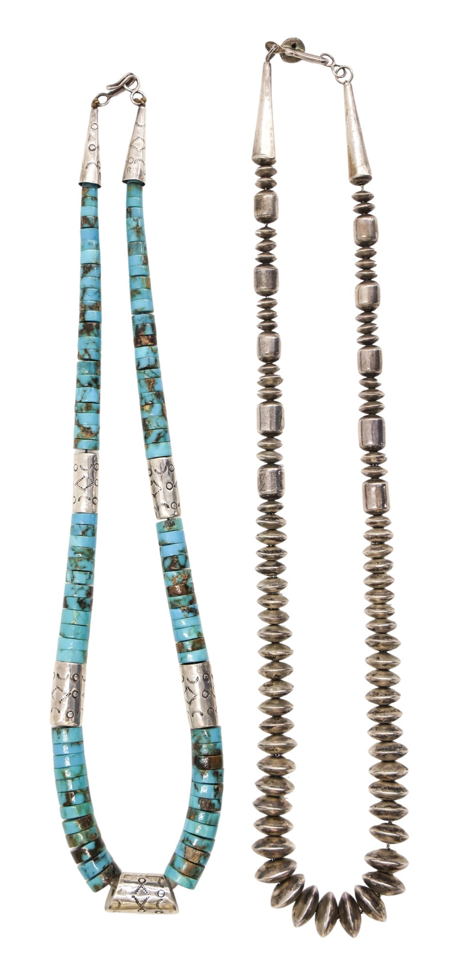 2pc Old Navajo Silver Pearl and Turquoise Heishi Bead Necklaces: 2pc Old Navajo Silver Pearl and Turquoise Heishi Bead Necklaces 20" Approx. Beads measure 6-12mm. Unsigned. Group weighs 174 grams. Overall excellent condition.