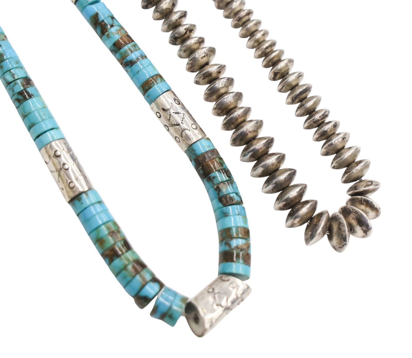 2pc Old Navajo Silver Pearl and Turquoise Heishi Bead Necklaces - 2