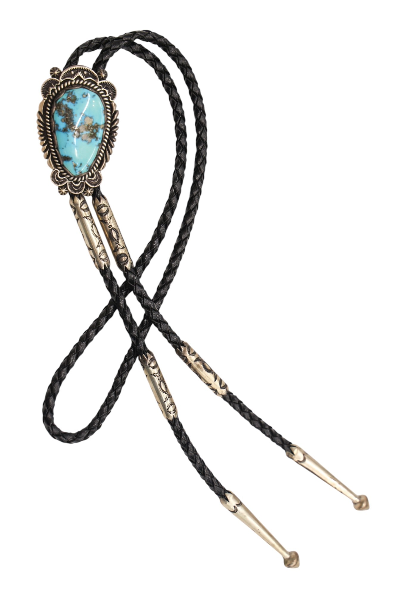 Dan Oliver Navajo Sterling and Turquoise Bolo Tie: Dan Oliver Navajo Sterling and Turquoise Bolo Tie 44". Large 2.5" bolo set with a 40mm turquoise cabochon. Signed on verso with Shade of the West notation. It weighs 122 grams. Overall excellent