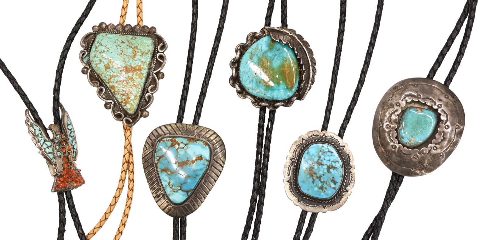 6pc Old Navajo Silver and Turquoise Bolo Ties - 2