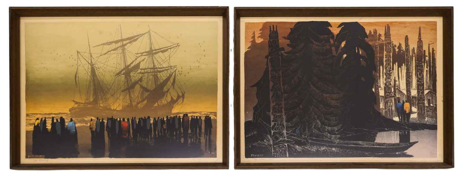 2pc Vintage Elton Bennett Northwest Serigraphs Framed: 2pc Vintage Elton Bennett Northwest Serigraphs Framed 19"x25.5". Includes "The Lonely Land" and "Sea Hostage". Pencil signed and titled lower margins. Even toning throughout from framing with a few sc