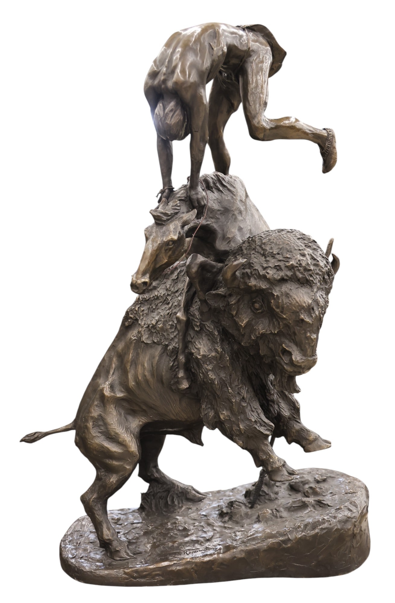 After Frederick Remington "The Buffalo Horse" Bronze Sculpture: After Frederick Remington "The Buffalo Horse" Bronze Sculpture 31"x22". Excellent condition. It weighs 92 pounds.