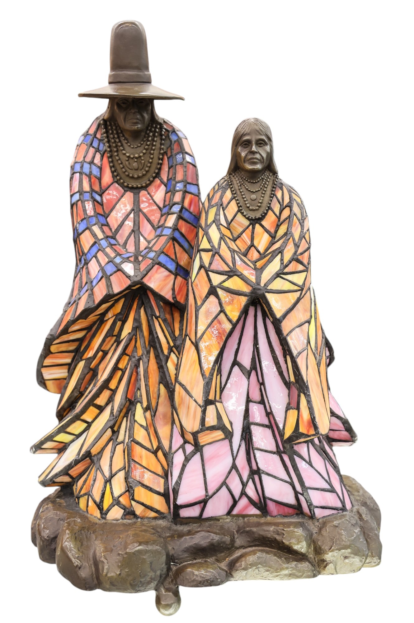 Rabbto Southwest Indian Couple Figural Leaded Glass Lamp: Rabbto Southwest Indian Couple Figural Leaded Glass Lamp 22"x15". Signed on side. Overall excellent condition. It weighs 29 pounds.