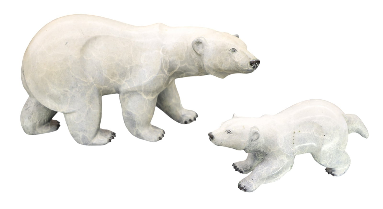 2pc Jacques and Mary Regat "Polar Bear and Cub" 1997 Bronze Sculptures: 2pc Jacques and Mary Regat (20/21st Cent. Washington) "Polar Bear and Cub" 1997 Bronze Sculptures 9.5" to 14". Signed and numbered 24 of 95 and 24 of 150 edition. Some scattered surface wear. Overall