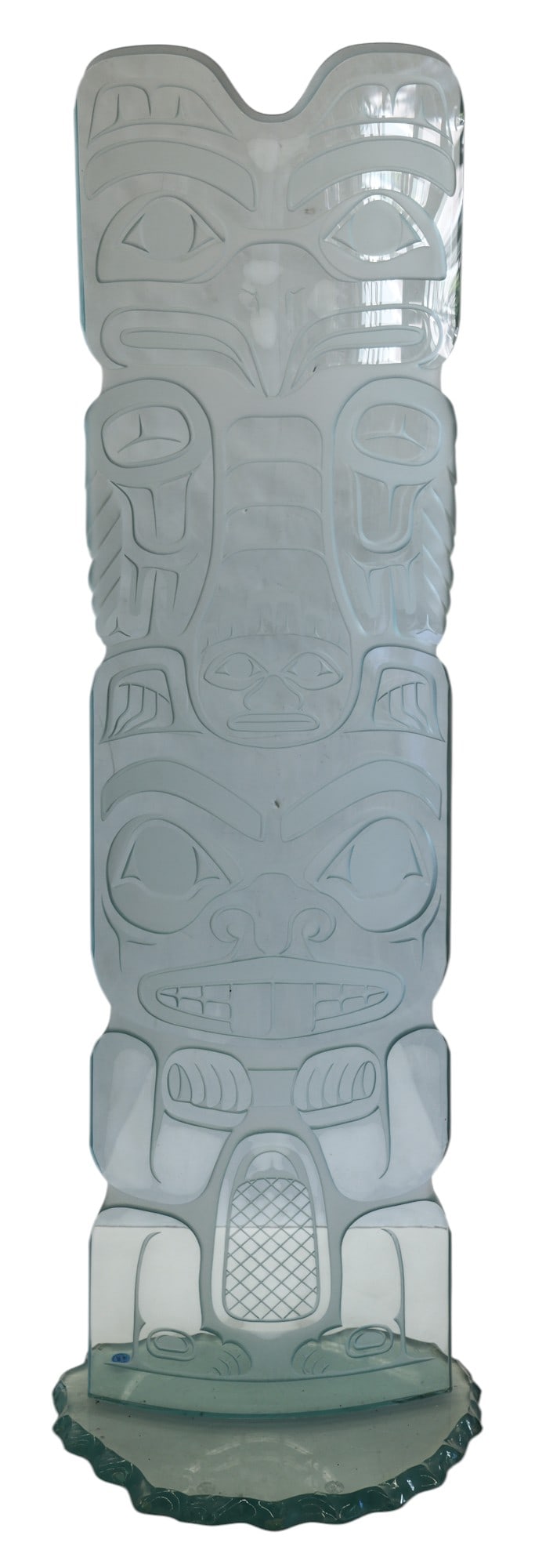 David Montpetit "Eagle Bear Totem" (Large) 1998 Etched Glass: David Montpetit (b.1951 Canadian) "Eagle Bear Totem" (Large) 1998 Etched Glass 54"x17". Initialed and numbered 31 of 35 edition near base. One flake to lower right side and a few minor flakes to base